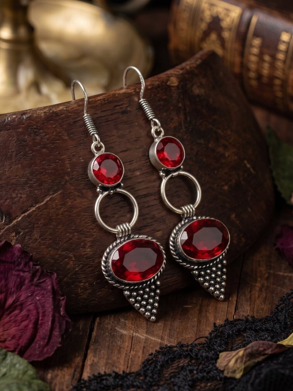 Garnet Drop Earrings 925 Sterling Silver Dark Romance Whimsigoth Statement 2.5"
